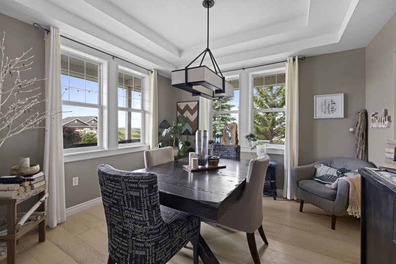 Dining room with tray ceiling and bay window seating