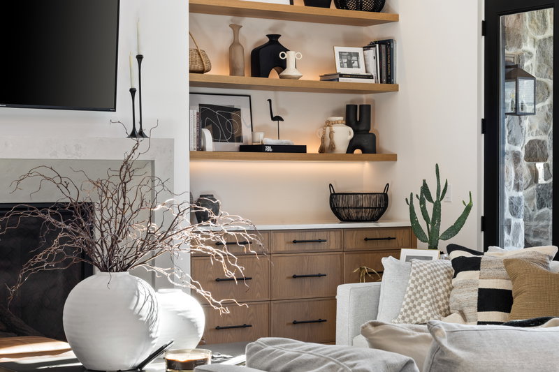 Built-in shelving and fireplace detail in the living room