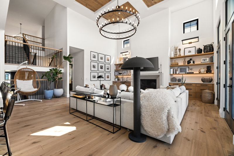 Living room with built-in shelving and reading nook