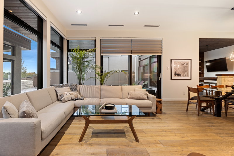 Hearth room with a linear gas fireplace and built-in niches