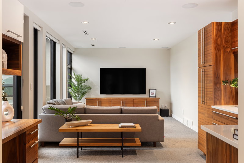 Lower-level family room with walnut cabinetry and wall-mounted television