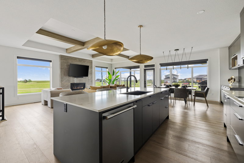Kitchen island open to the living and dining areas