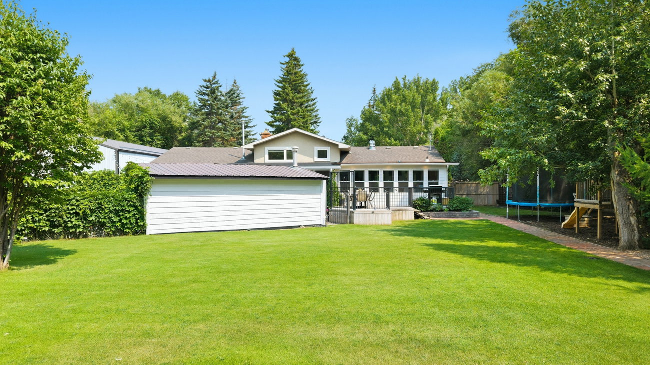 Aerial photograph of the backyard, garage and play area