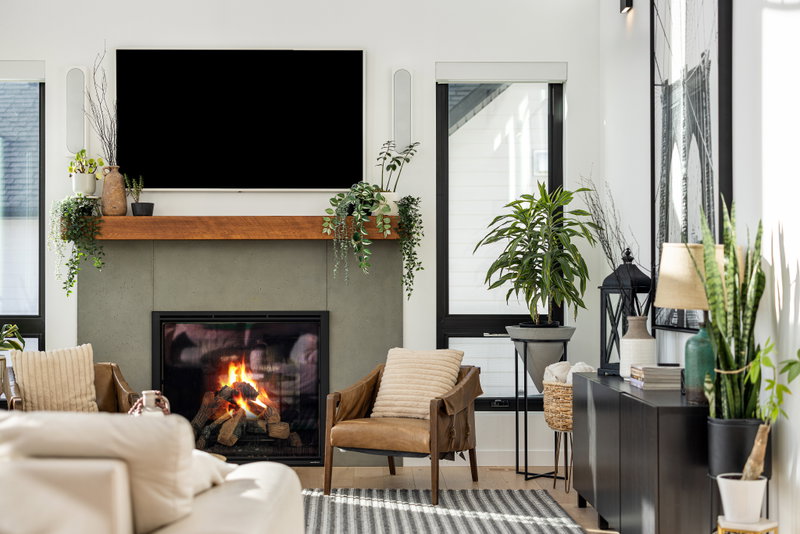 Living room seating open to the kitchen and entry